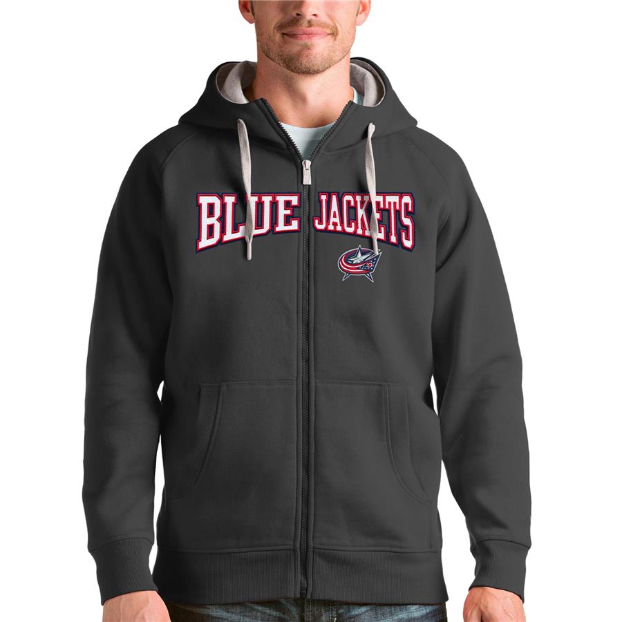 Columbus Blue Jackets Antigua Wordmark Victory Full-Zip Hoodie - Charcoal