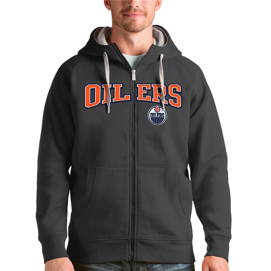 Edmonton Oilers Antigua Wordmark Victory Full-Zip Hoodie - Charcoal