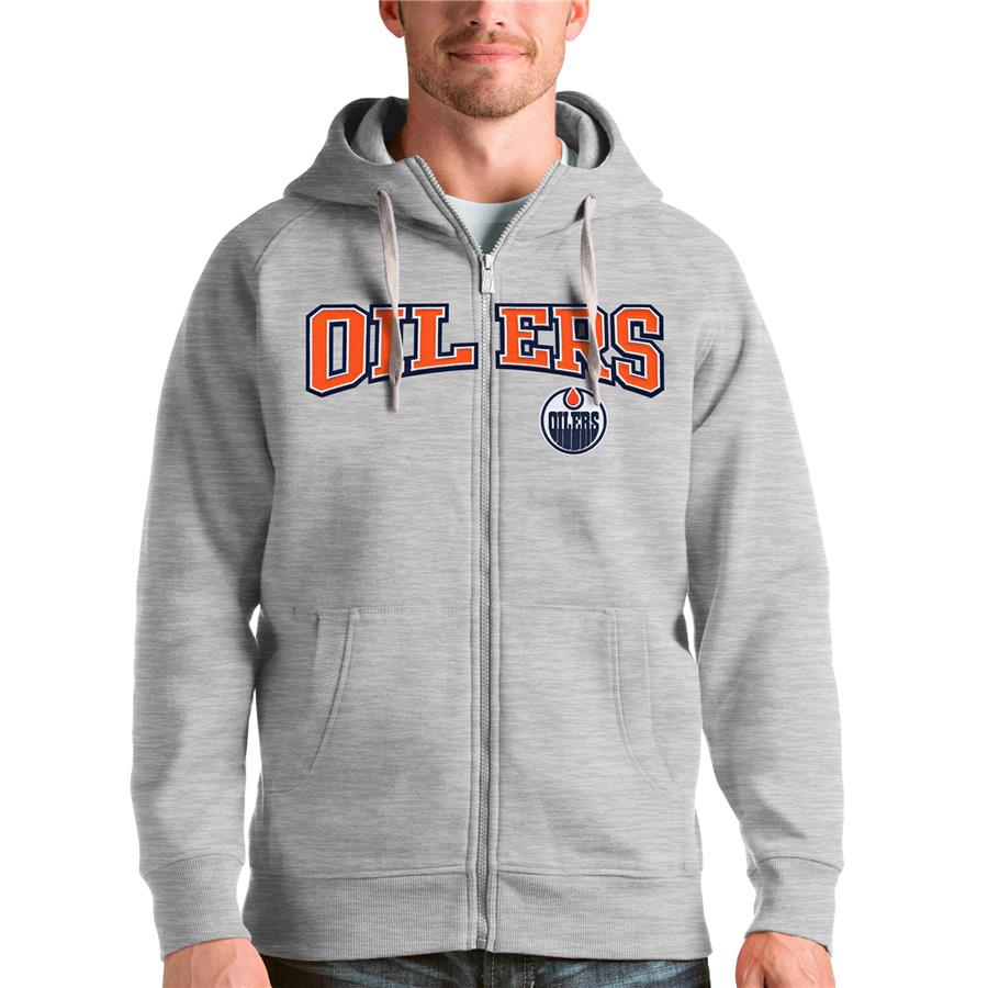 Edmonton Oilers Antigua Wordmark Victory Full-Zip Hoodie - Heathered Gray