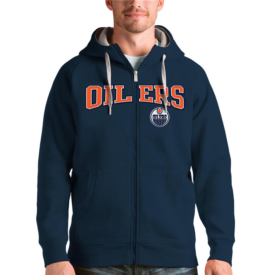 Edmonton Oilers Antigua Wordmark Victory Full-Zip Hoodie - Navy