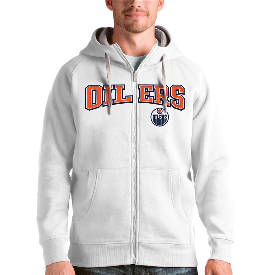 Edmonton Oilers Antigua Wordmark Victory Full-Zip Hoodie - White