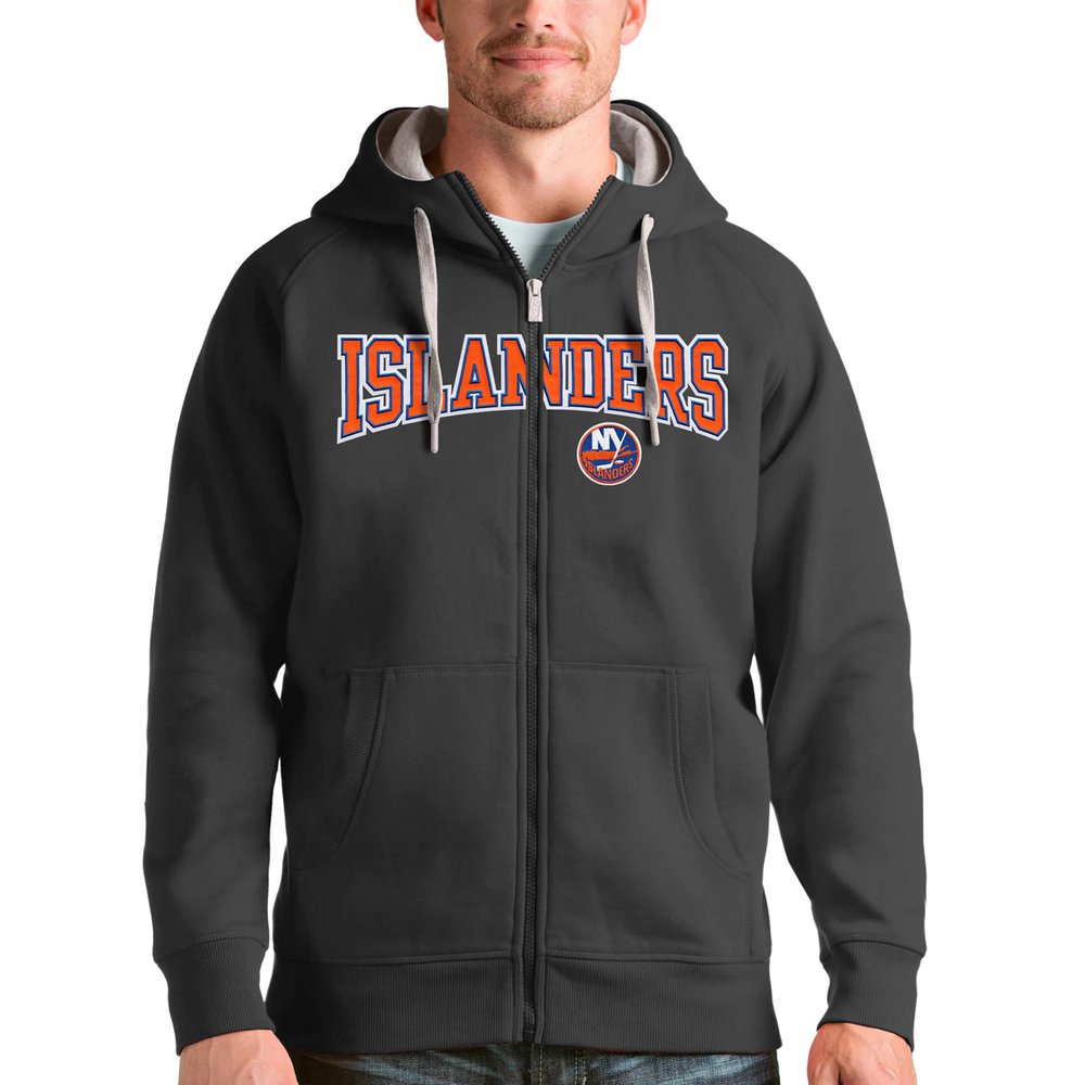 New York Islanders Antigua Wordmark Victory Full-Zip Hoodie - Charcoal