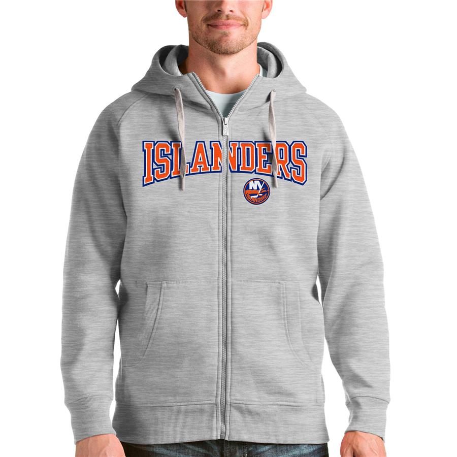 New York Islanders Antigua Wordmark Victory Full-Zip Hoodie - Heathered Gray