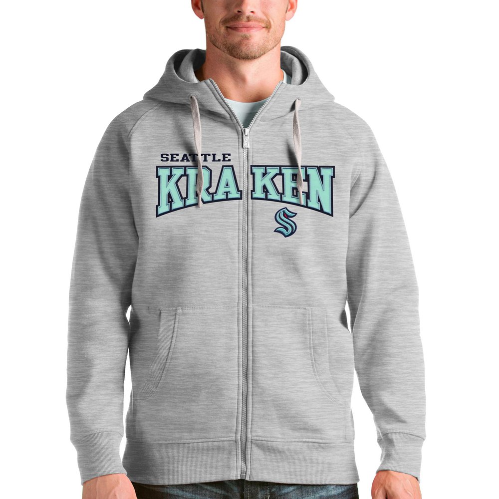Seattle Kraken Antigua Wordmark Victory Full-Zip Hoodie - Heathered Gray