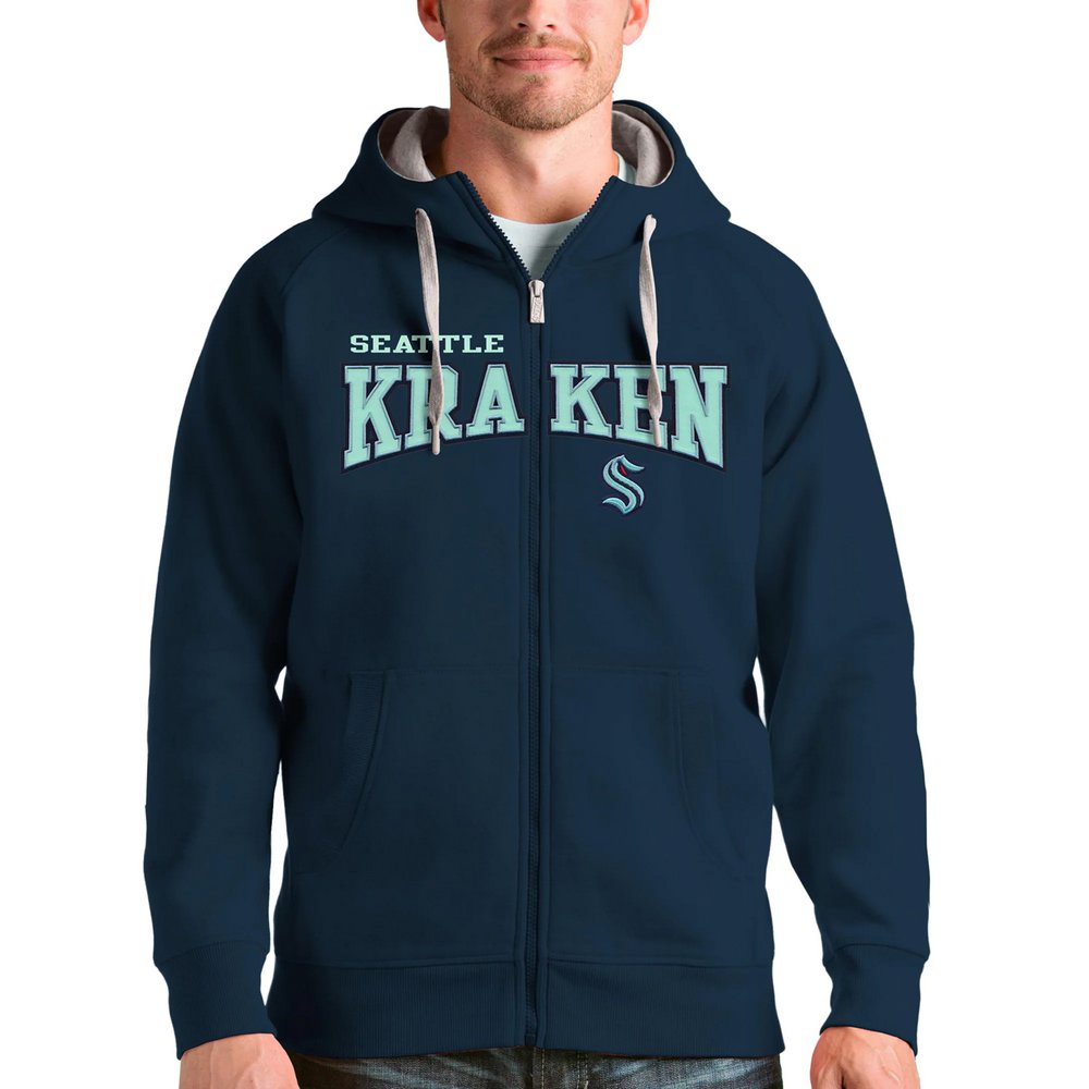 Seattle Kraken Antigua Wordmark Victory Full-Zip Hoodie - Navy