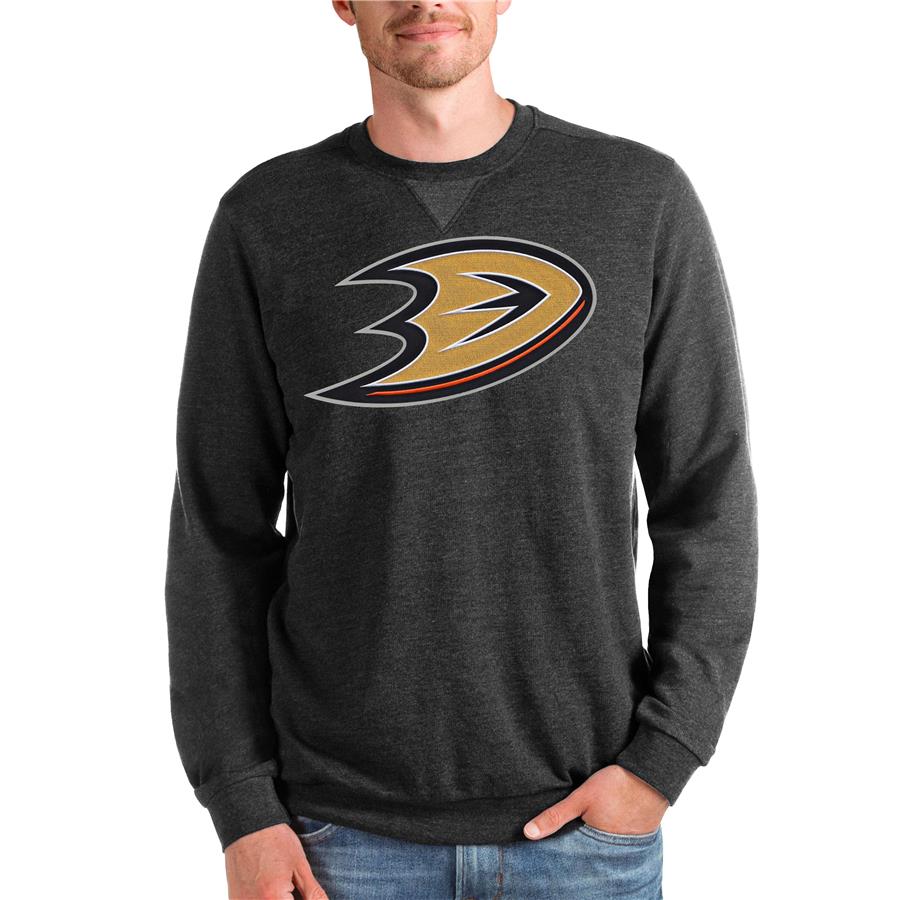 Anaheim Ducks Antigua Team Logo Reward Crewneck Pullover Sweatshirt - Heathered Black