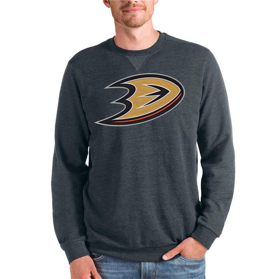 Anaheim Ducks Antigua Team Logo Reward Crewneck Pullover Sweatshirt - Heathered Charcoal