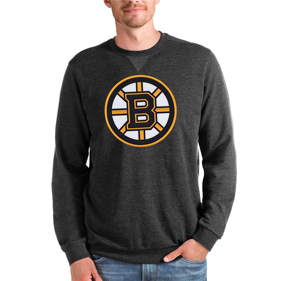 Boston Bruins Antigua Team Logo Reward Crewneck Pullover Sweatshirt - Heathered Black