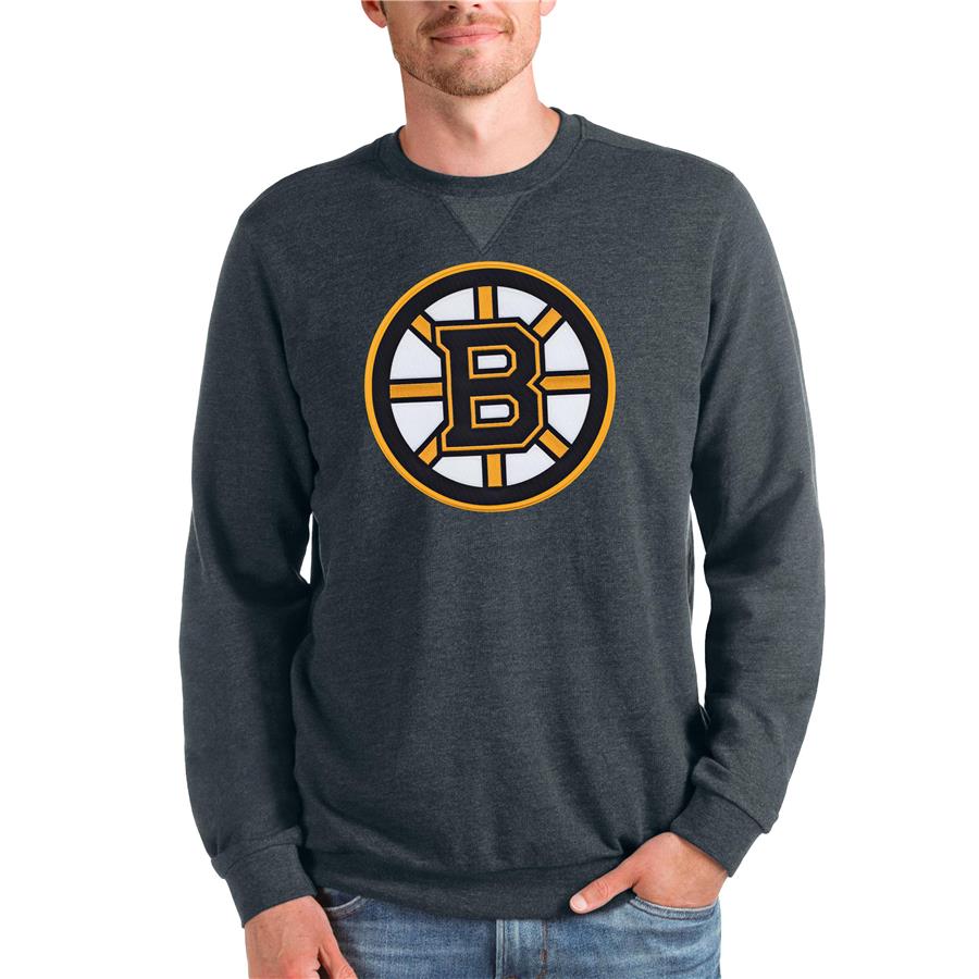 Boston Bruins Antigua Team Logo Reward Crewneck Pullover Sweatshirt - Heathered Charcoal