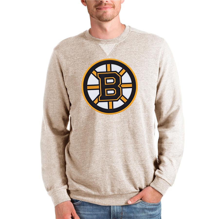 Boston Bruins Antigua Team Logo Reward Crewneck Pullover Sweatshirt - Oatmeal