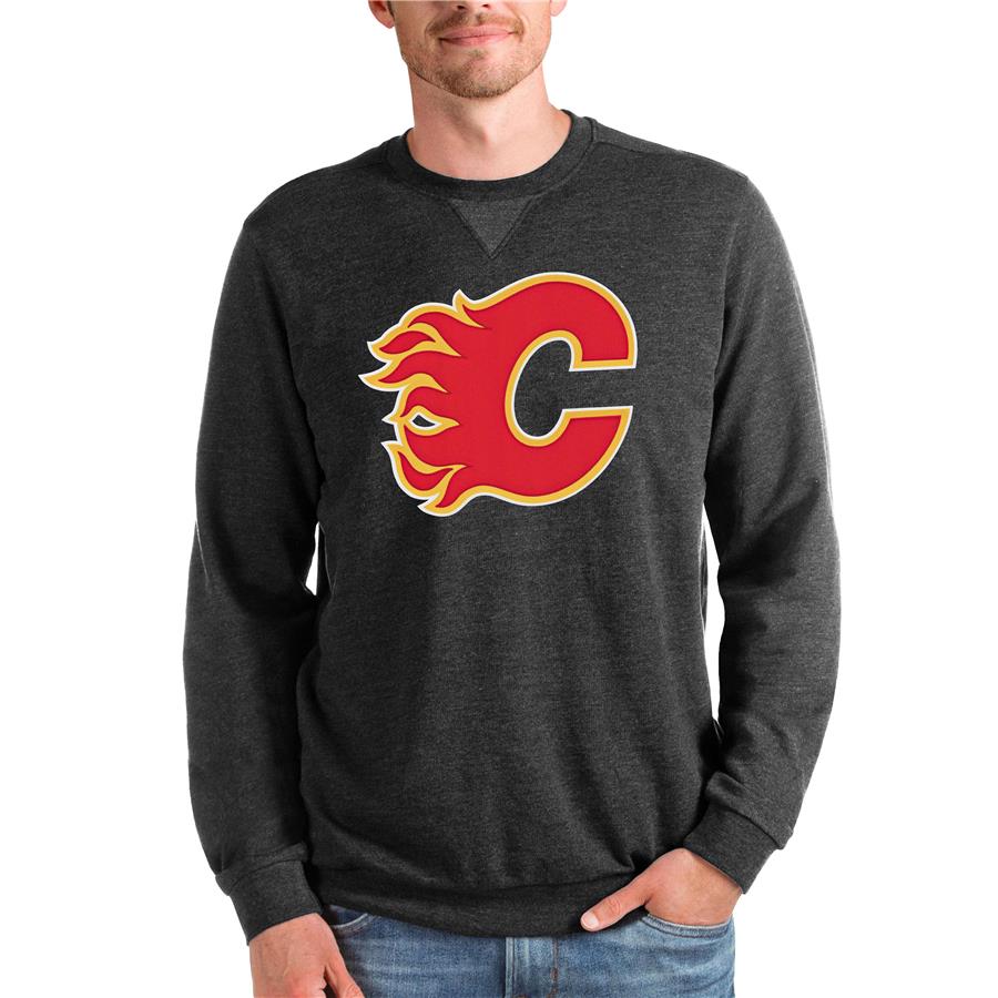 Calgary Flames Antigua Team Logo Reward Crewneck Pullover Sweatshirt - Heathered Black