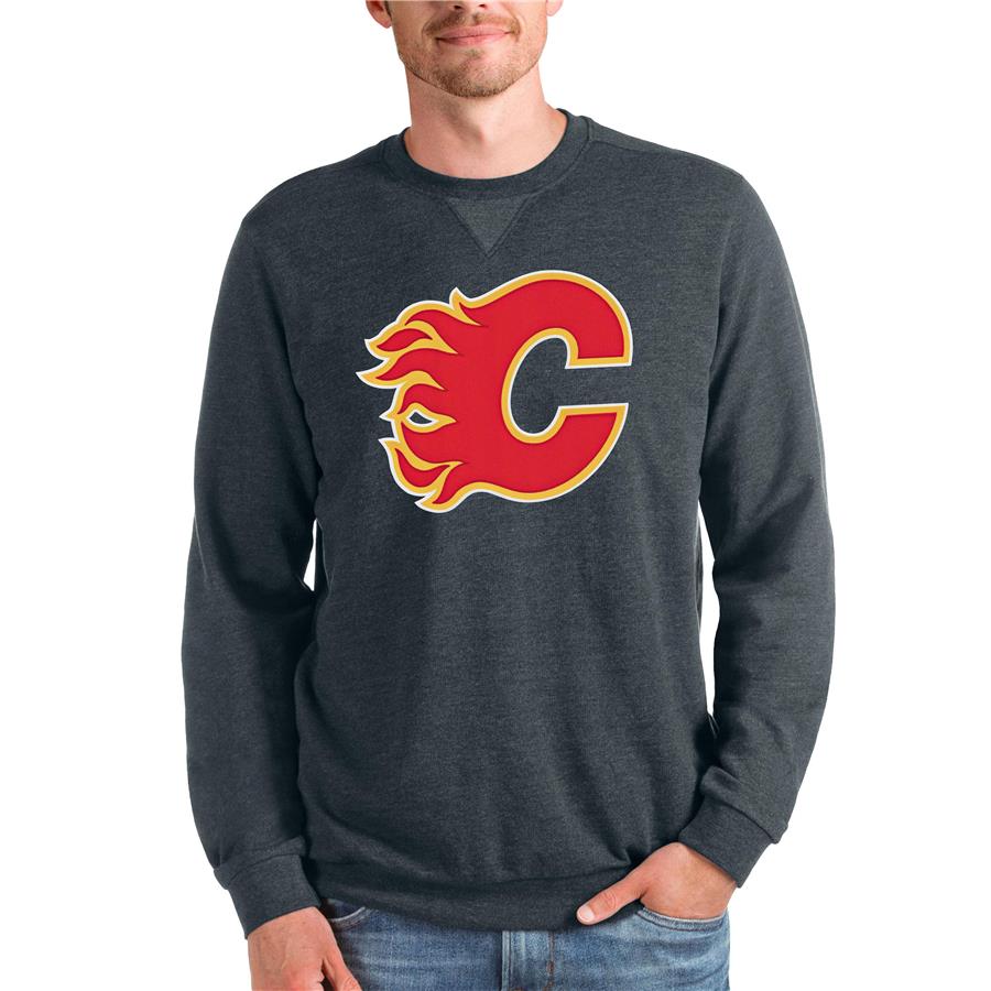 Calgary Flames Antigua Team Logo Reward Crewneck Pullover Sweatshirt - Heathered Charcoal