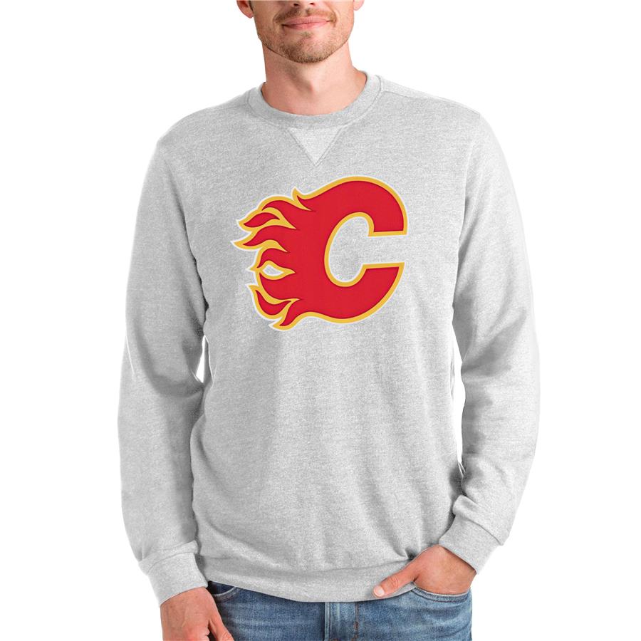 Calgary Flames Antigua Team Logo Reward Crewneck Pullover Sweatshirt - Heathered Gray