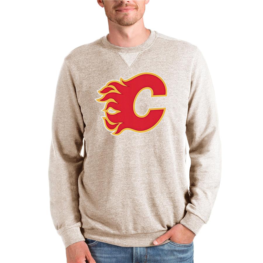 Calgary Flames Antigua Team Logo Reward Crewneck Pullover Sweatshirt - Oatmeal