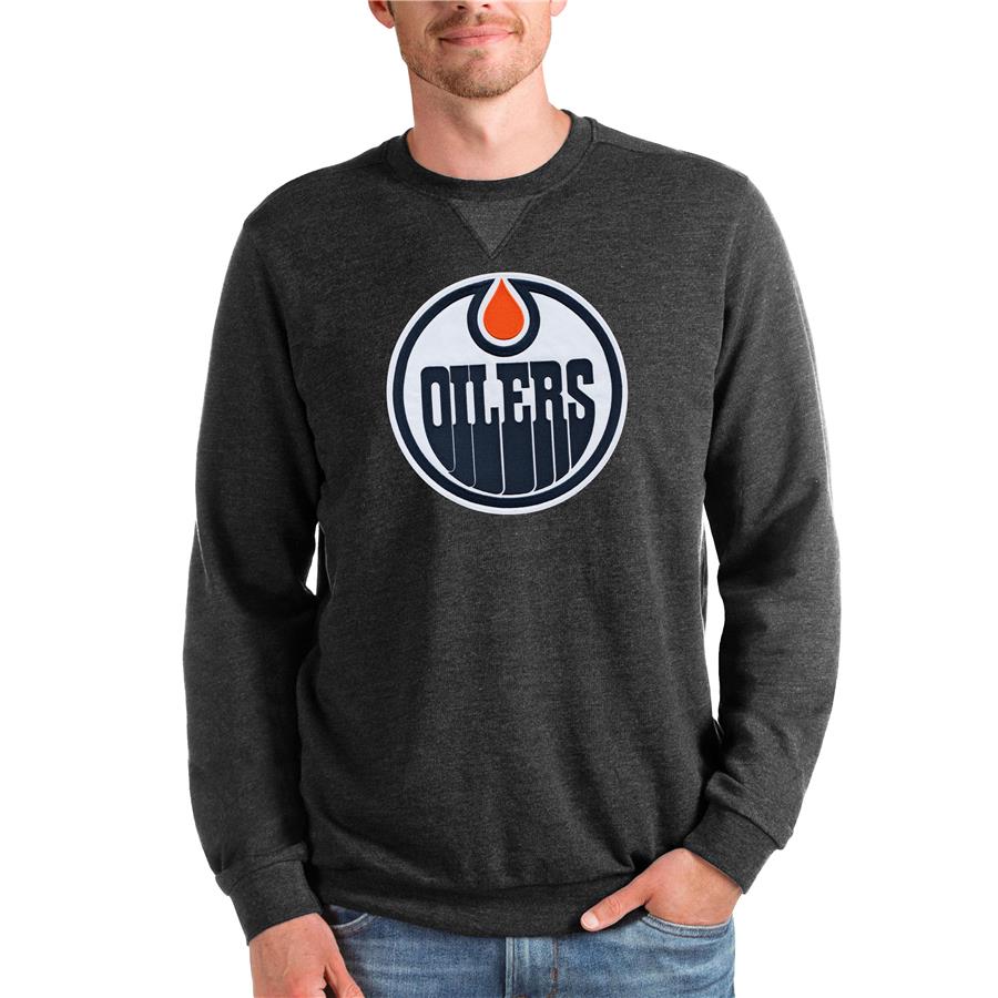 Edmonton Oilers Antigua Team Logo Reward Crewneck Pullover Sweatshirt - Heathered Black