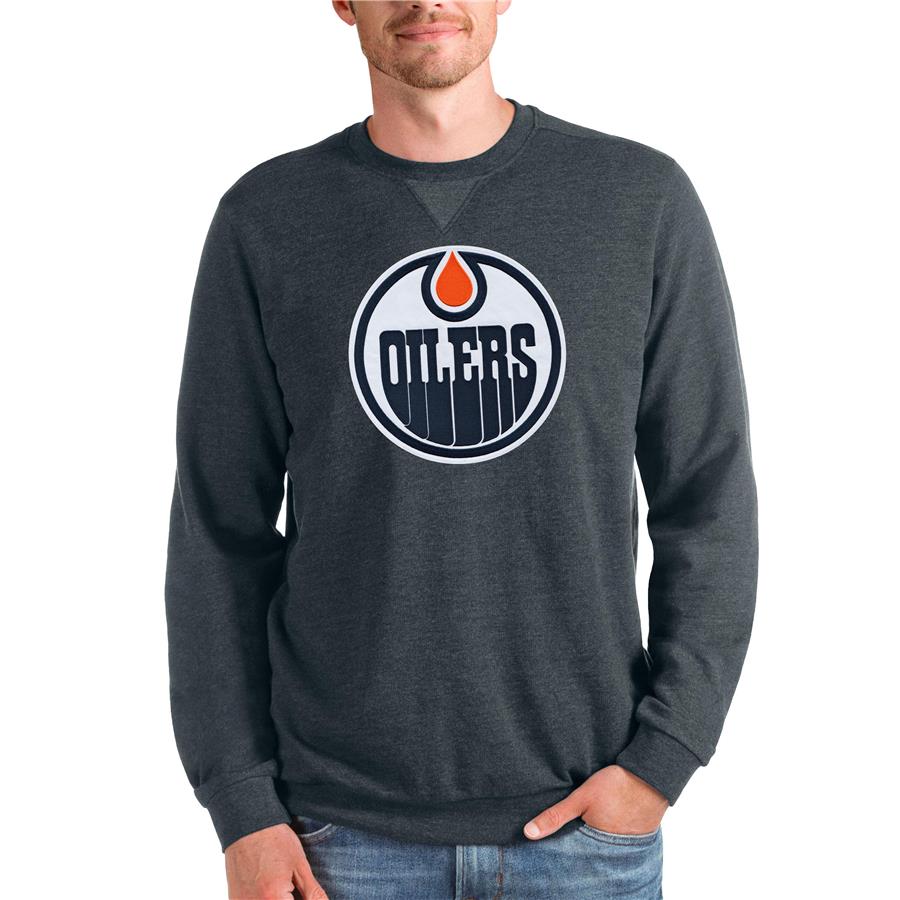 Edmonton Oilers Antigua Team Logo Reward Crewneck Pullover Sweatshirt - Heathered Charcoal
