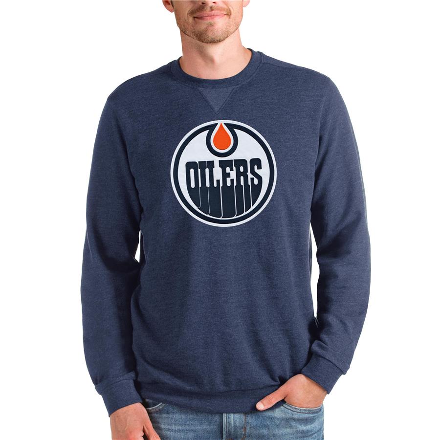 Edmonton Oilers Antigua Team Logo Reward Crewneck Pullover Sweatshirt - Heathered Navy