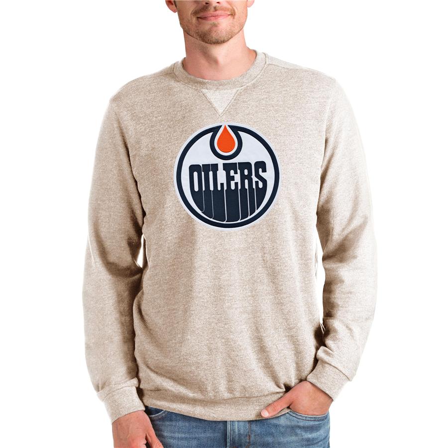 Edmonton Oilers Antigua Team Logo Reward Crewneck Pullover Sweatshirt - Oatmeal