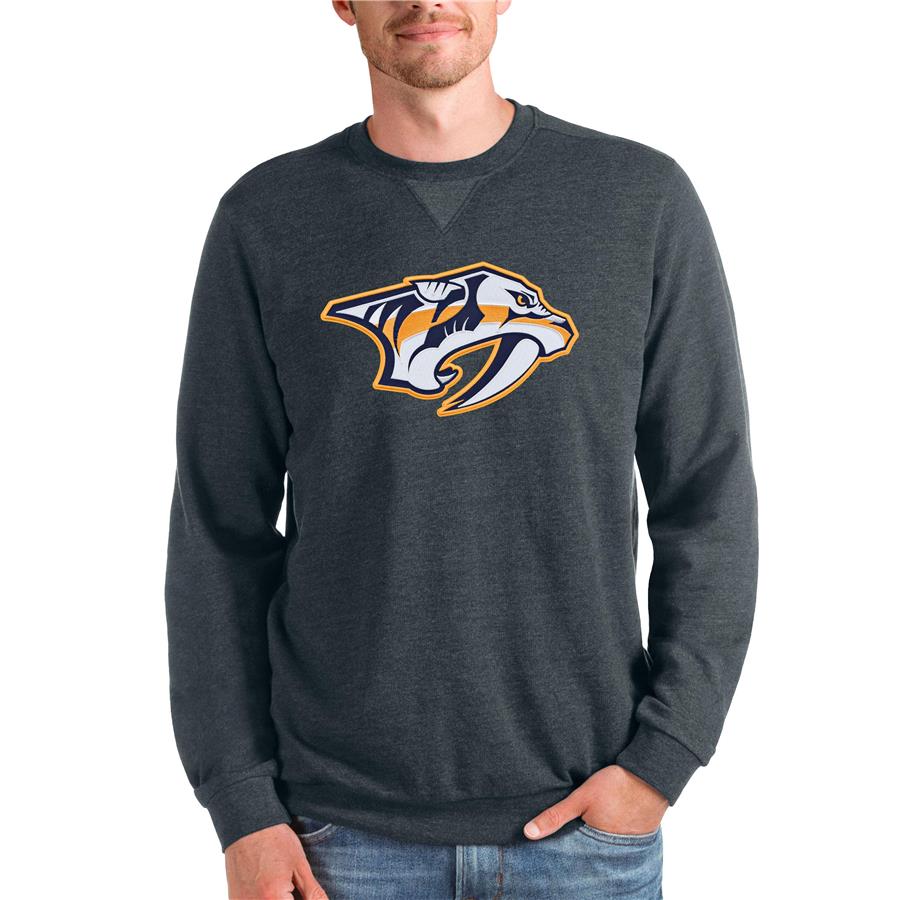 Nashville Predators Antigua Team Logo Reward Crewneck Pullover Sweatshirt - Heathered Charcoal