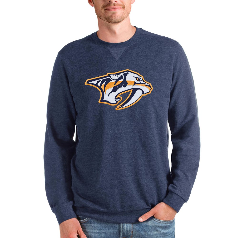 Nashville Predators Antigua Team Logo Reward Crewneck Pullover Sweatshirt - Heathered Navy