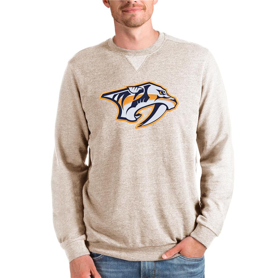Nashville Predators Antigua Team Logo Reward Crewneck Pullover Sweatshirt - Oatmeal