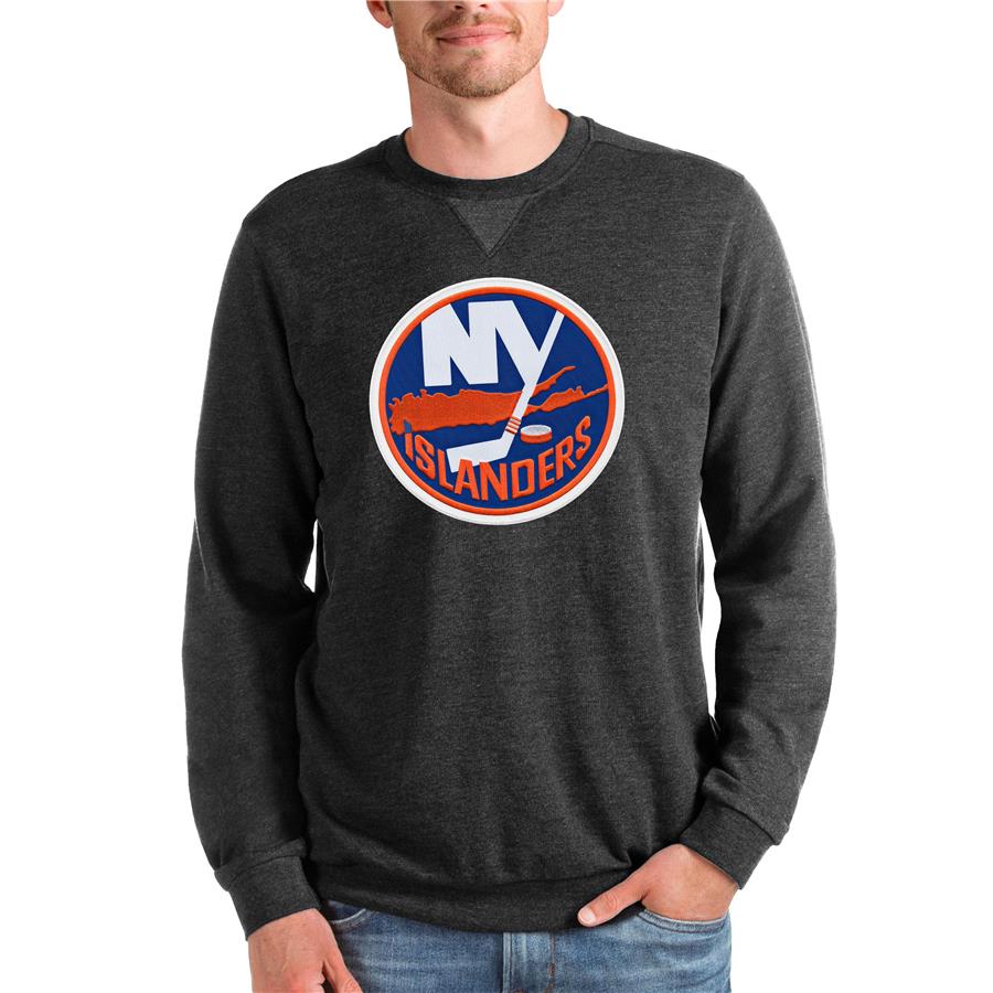 New York Islanders Antigua Team Logo Reward Crewneck Pullover Sweatshirt - Heathered Black