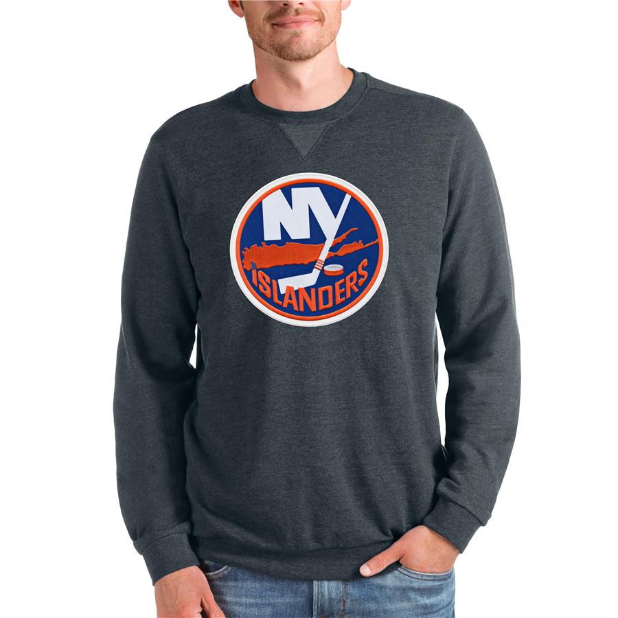 New York Islanders Antigua Team Logo Reward Crewneck Pullover Sweatshirt - Heathered Charcoal
