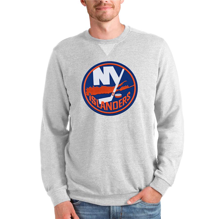 New York Islanders Antigua Team Logo Reward Crewneck Pullover Sweatshirt - Heathered Gray