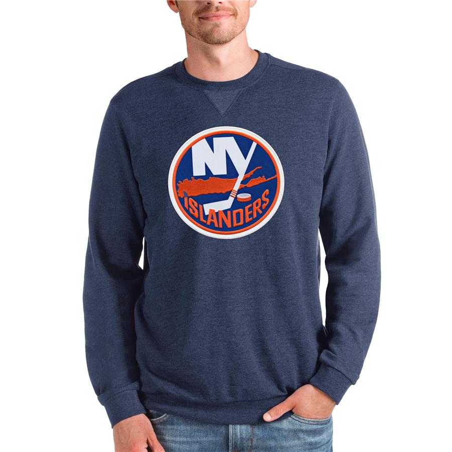 New York Islanders Antigua Team Logo Reward Crewneck Pullover Sweatshirt - Heathered Navy
