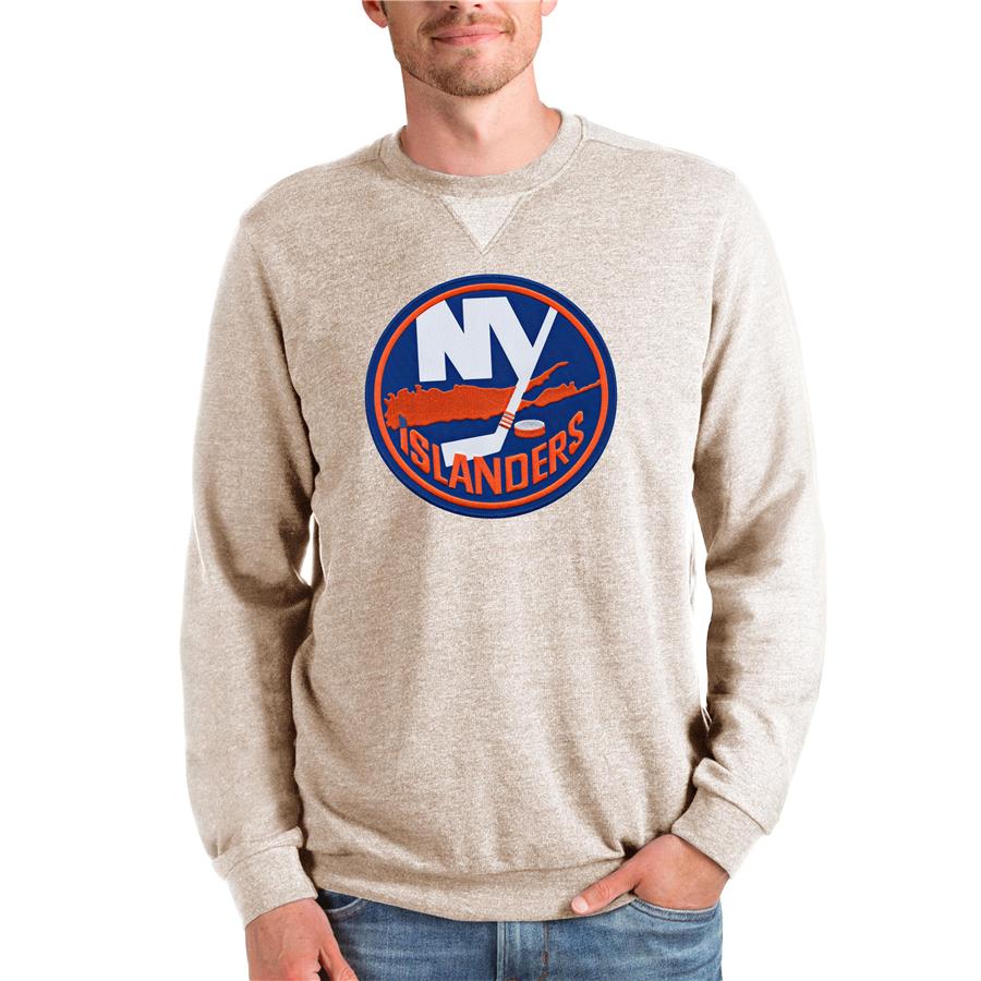 New York Islanders Antigua Team Logo Reward Crewneck Pullover Sweatshirt - Oatmeal