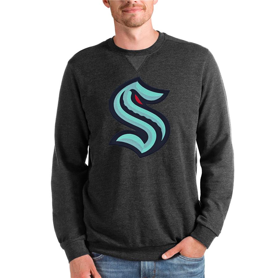 Seattle Kraken Antigua Team Logo Reward Crewneck Pullover Sweatshirt - Heathered Black