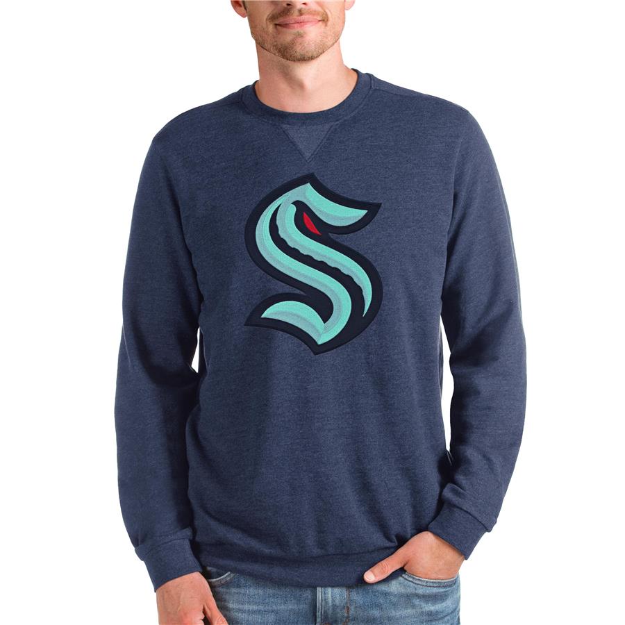 Seattle Kraken Antigua Team Logo Reward Crewneck Pullover Sweatshirt - Heathered Navy