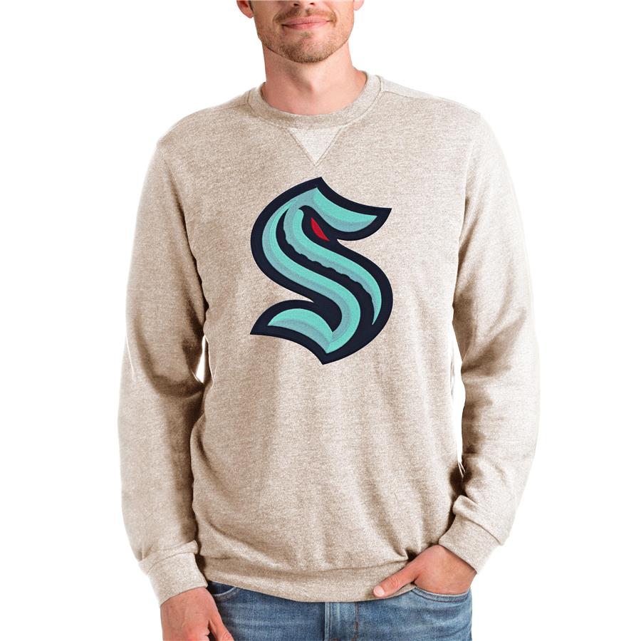 Seattle Kraken Antigua Team Logo Reward Crewneck Pullover Sweatshirt - Oatmeal