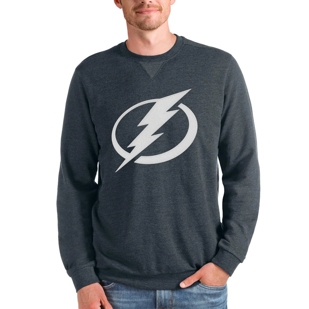 Tampa Bay Lightning Antigua Team Logo Reward Crewneck Pullover Sweatshirt - Heathered Charcoal
