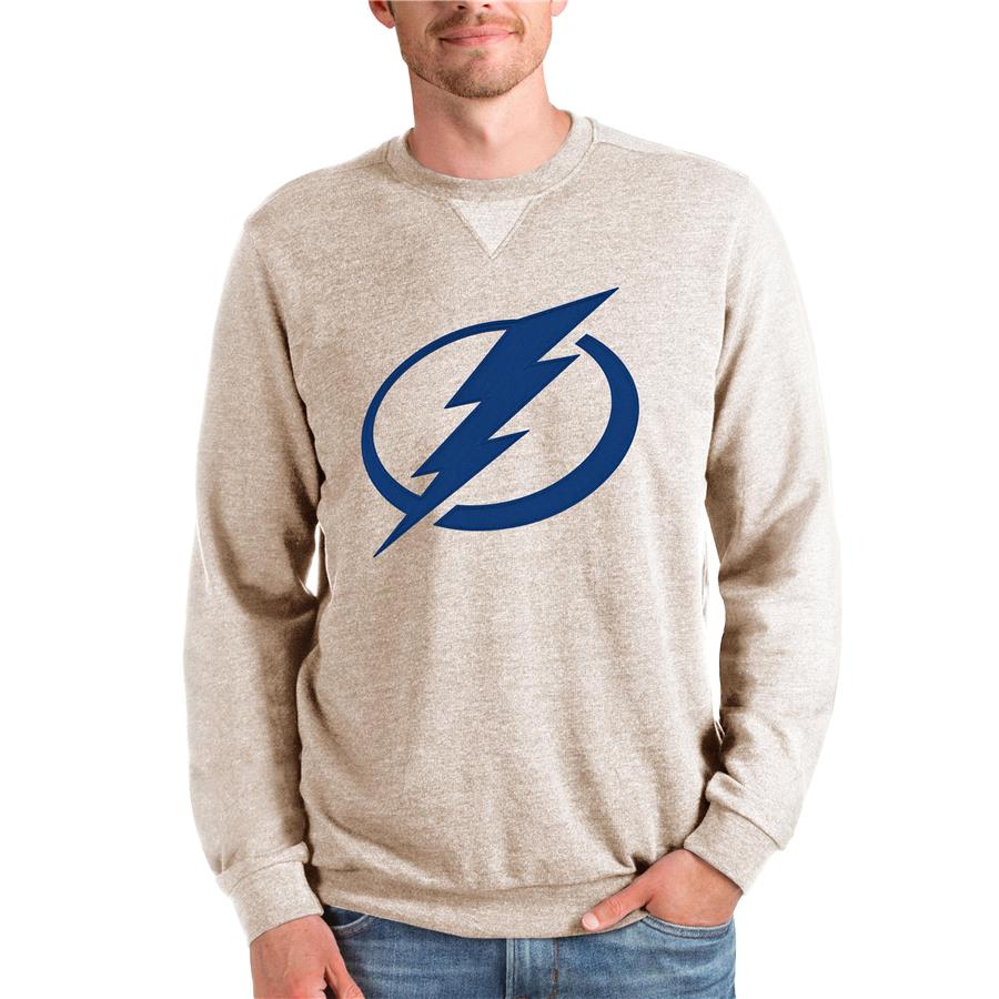 Tampa Bay Lightning Antigua Team Logo Reward Crewneck Pullover Sweatshirt - Oatmeal