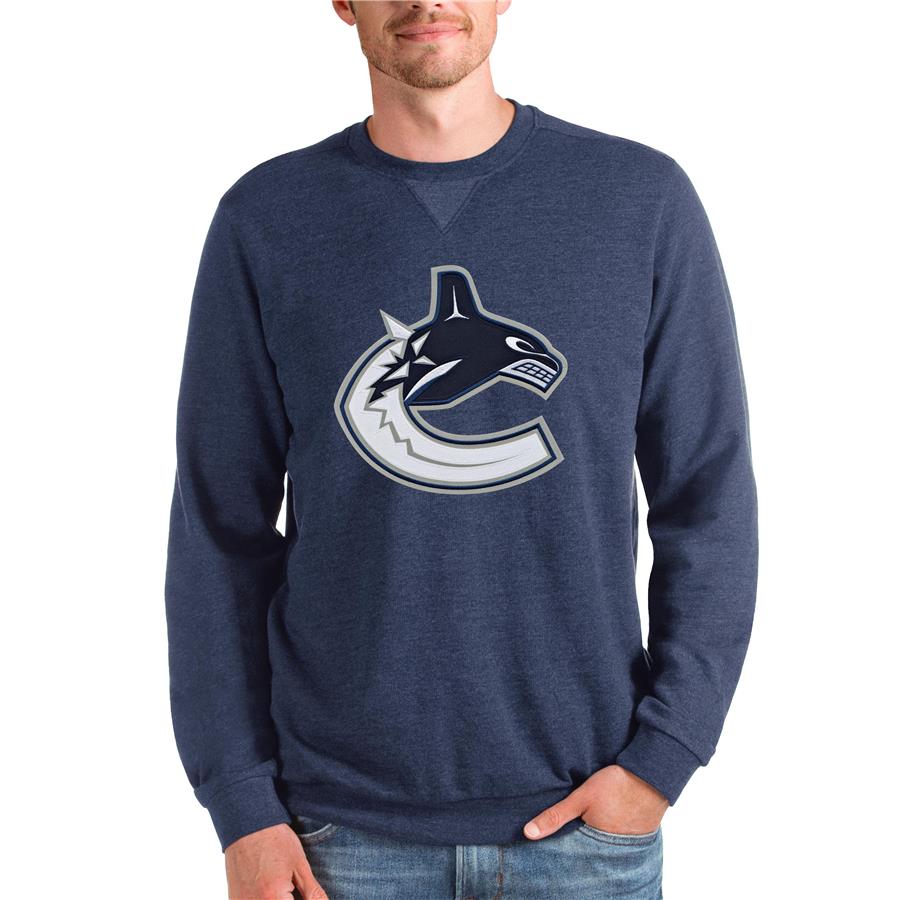 Vancouver Canucks Antigua Team Logo Reward Crewneck Pullover Sweatshirt - Heathered Navy