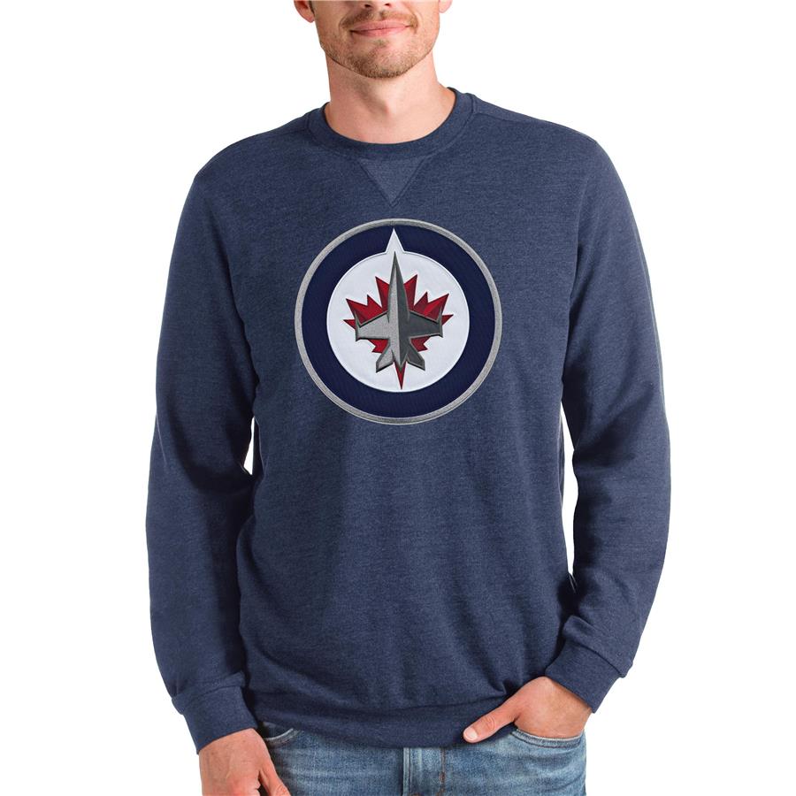 Winnipeg Jets Antigua Team Logo Reward Crewneck Pullover Sweatshirt - Heathered Navy