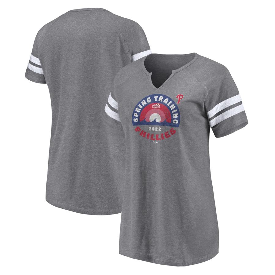 Philadelphia Phillies Fanatics Branded Women's 2022 MLB Spring Training Grapefruit League Spring Retro Raglan Tri-Blend Notch Neck T-Shirt - Heathered Gray