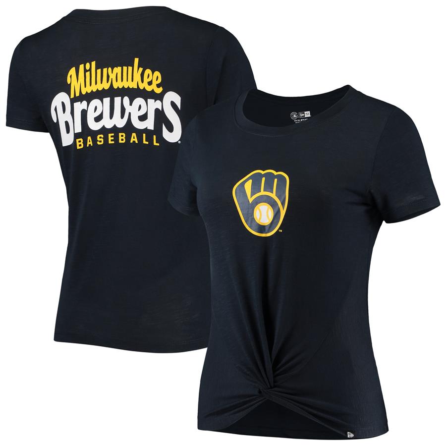Milwaukee Brewers New Era Women's 2-Hit Front Twist Burnout T-Shirt - Navy