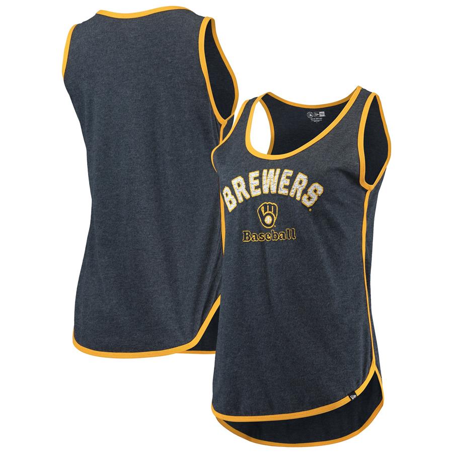 Milwaukee Brewers New Era Women's Contrast Binding Scoop Neck Tank Top - Heathered Navy