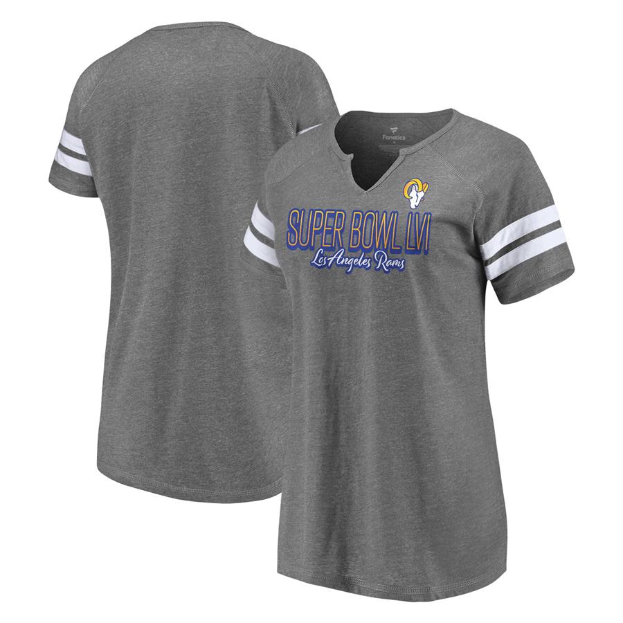 Los Angeles Rams Fanatics Branded Women's Super Bowl LVI Bound Fade Script Stripe Notch Neck T-Shirt - Heathered Charcoal