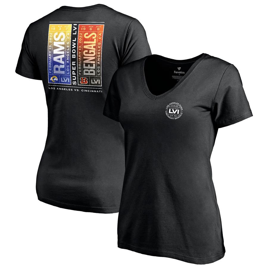 Cincinnati Bengals vs. Los Angeles Rams Fanatics Branded Women's Super Bowl LVI Matchup Tickets Please V-Neck T-Shirt - Black