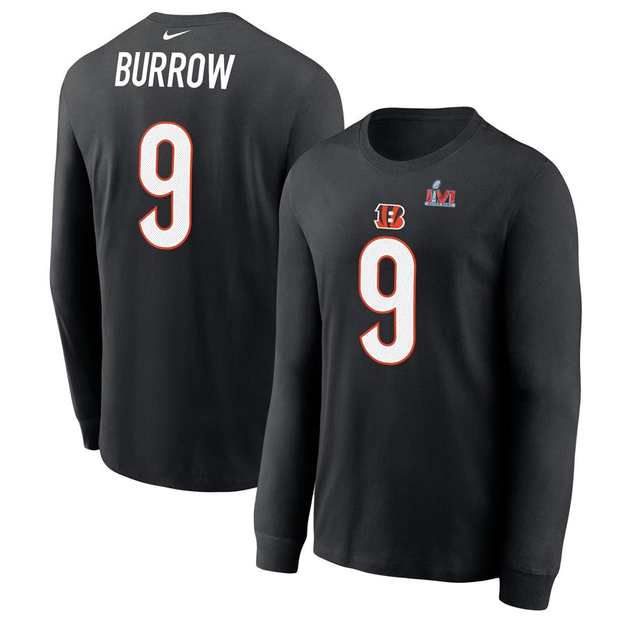 Joe Burrow Cincinnati Bengals Nike Super Bowl LVI Bound Name & Number Long Sleeve T-Shirt - Black