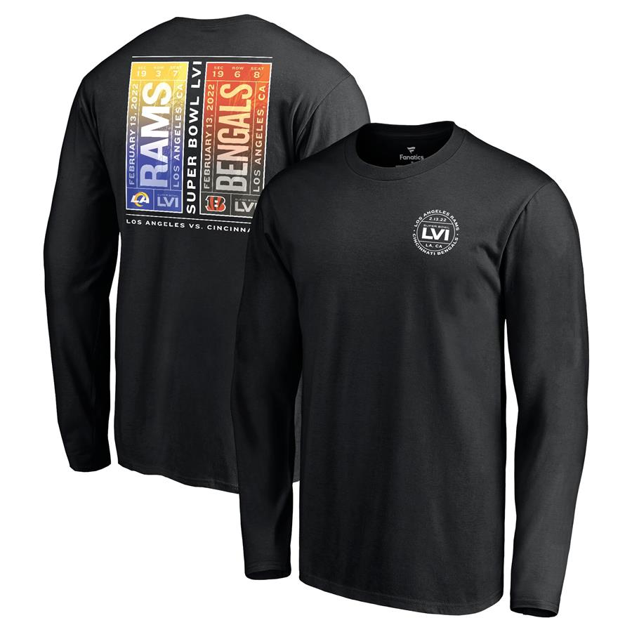 Cincinnati Bengals vs. Los Angeles Rams Fanatics Branded Super Bowl LVI Matchup Tickets Please Long Sleeve T-Shirt - Black