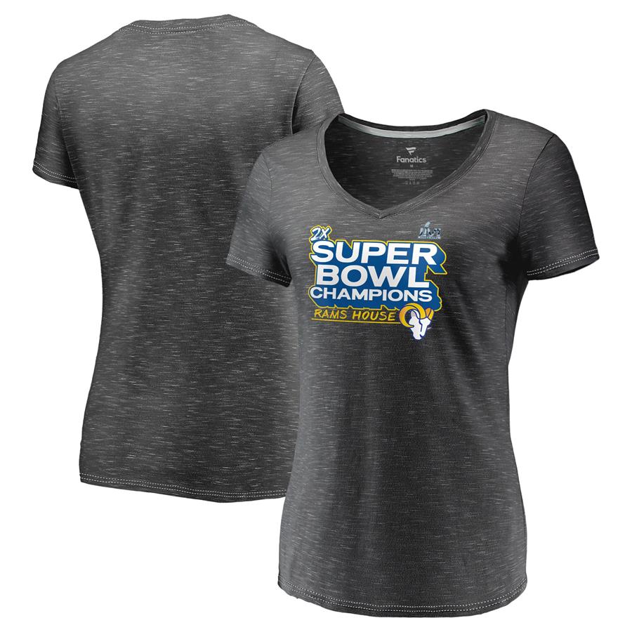 Los Angeles Rams Fanatics Branded Women's Super Bowl LVI Champions Parade V-Neck T-Shirt - Heathered Charcoal