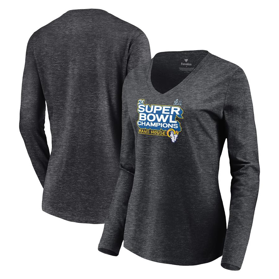 Los Angeles Rams Fanatics Branded Women's Super Bowl LVI Champions Parade V-Neck Long Sleeve T-Shirt - Charcoal