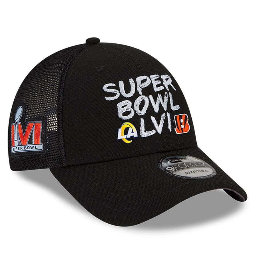 Cincinnati Bengals vs. Los Angeles Rams New Era Super Bowl LVI Matchup Trucker 9FORTY Snapback Adjustable Hat - Black