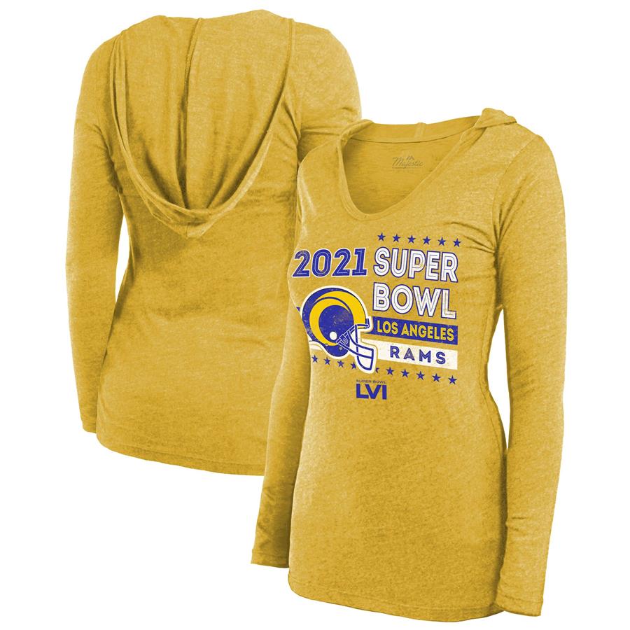 Los Angeles Rams Majestic Threads Women's Super Bowl LVI Bound Triple Option Tri-Blend V-Neck Pullover Hoodie - Heathered Gold