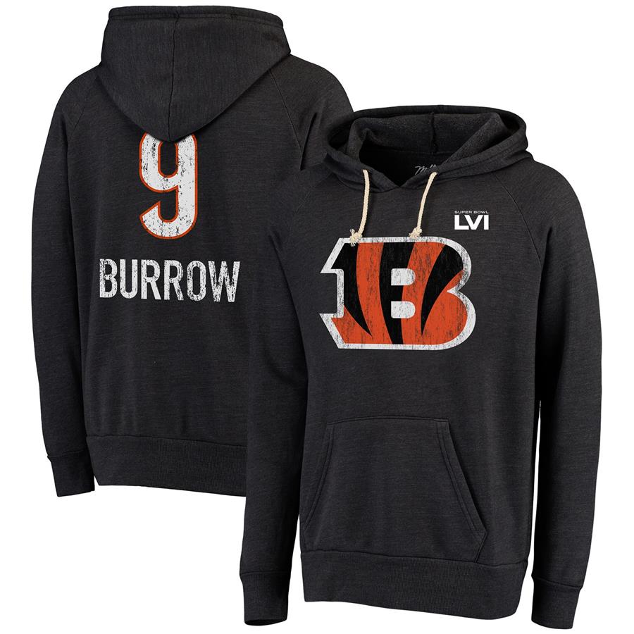 Joe Burrow Cincinnati Bengals Majestic Threads Super Bowl LVI Bound Name & Number Pullover Hoodie - Black