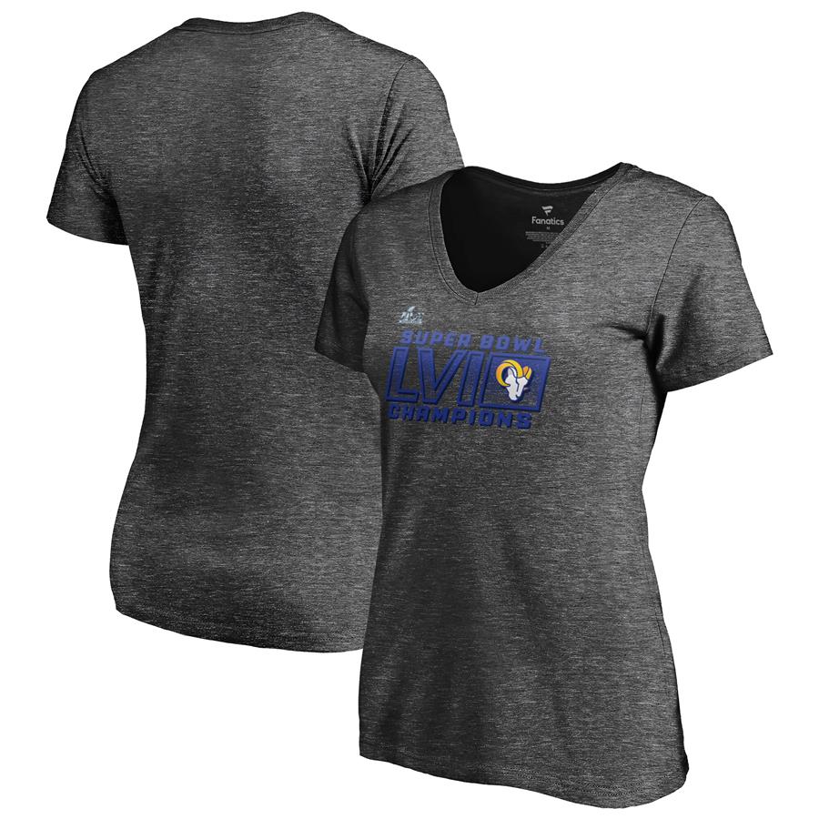 Los Angeles Rams Fanatics Branded Women's Super Bowl LVI Champions Fumble V-Neck T-Shirt - Heathered Charcoal
